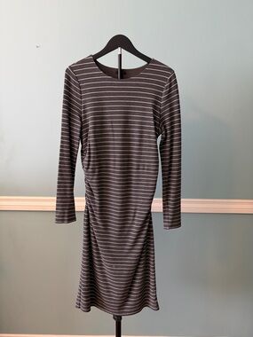 Ann Taylor Charcoal and White Striped Long-Sleeve Midi Dress